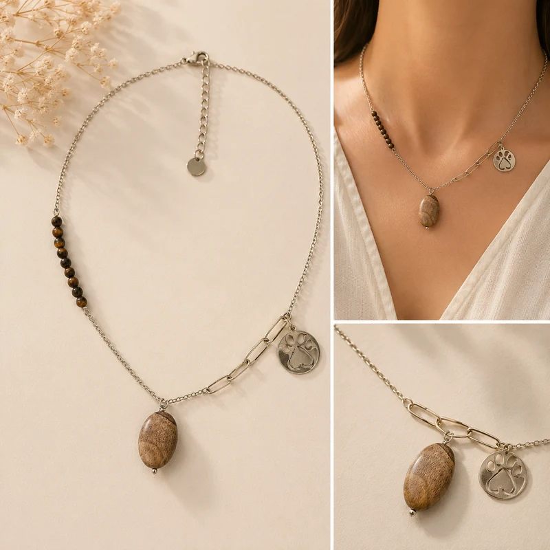 Collar Acero Inoxidable Huella y Piedra Natural Marrón Plateado