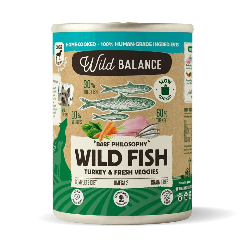 Lata de Pescado y Pavo – Comida cocinada al vapor de Wild Balance - Para Perros