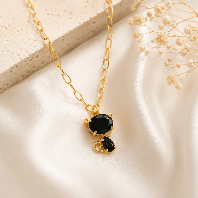 Collar Acero Inoxidable Dorado Gatito Negro