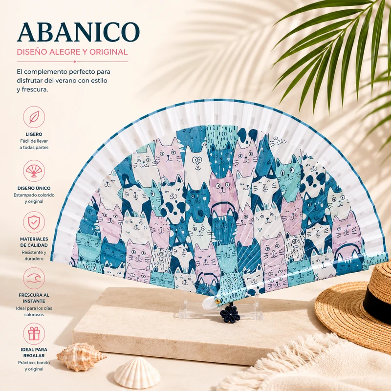 Abanico Estampado de Gatos Multicolor
