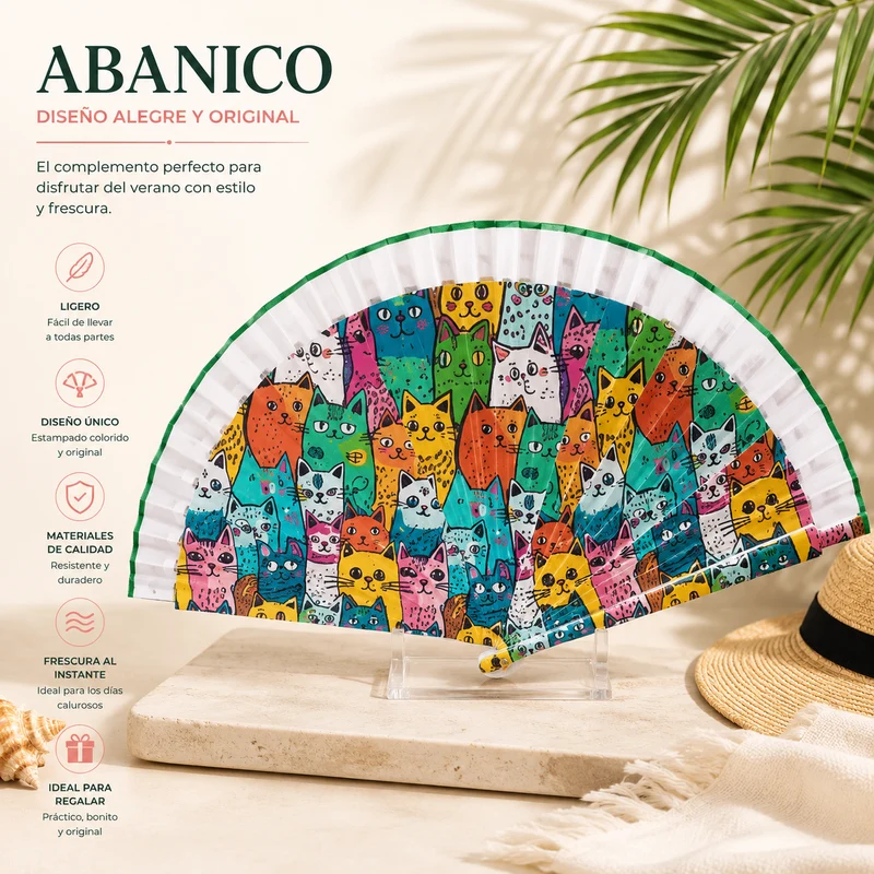 Abanico Estampado de Gatos Multicolor. Verde
