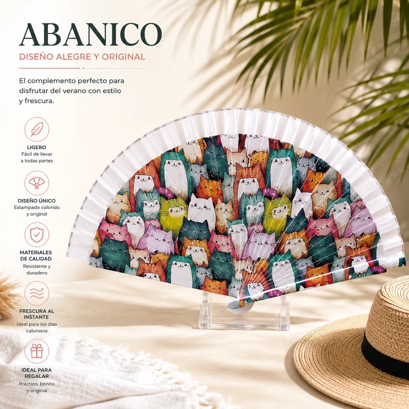 Abanico Estampado de Gatos Multicolor