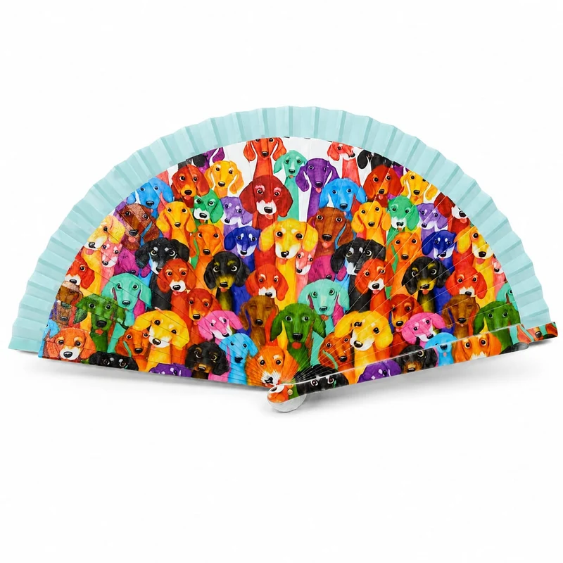 Abanico turquesa con perros de colores