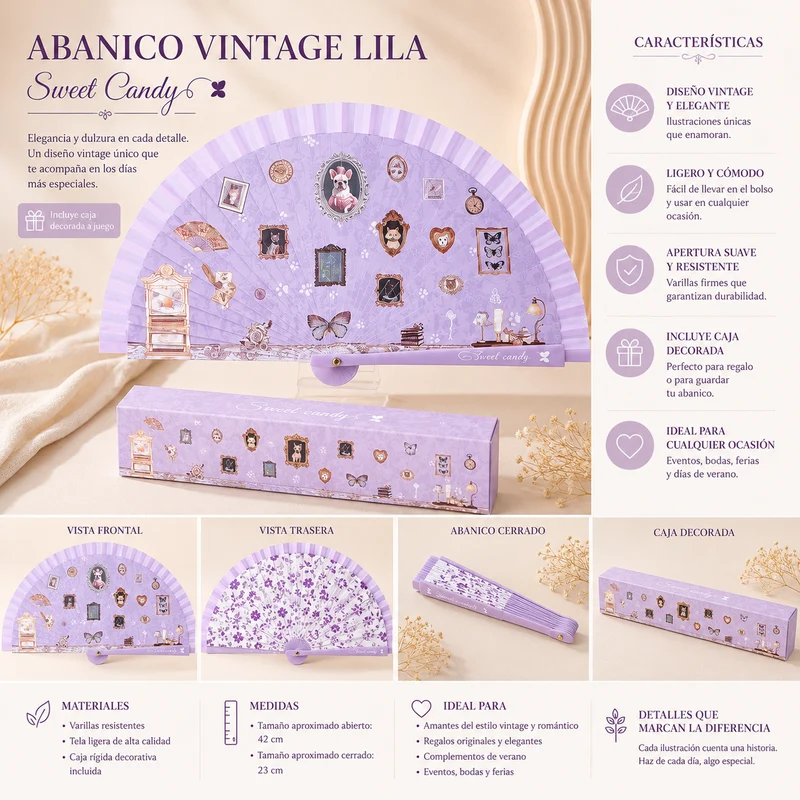 Abanico Vintage Morado Sweet Candy con Caja
