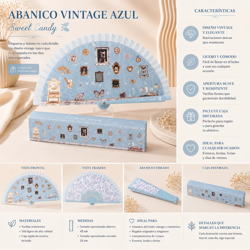Abanico Vintage Azul Sweet Candy con Caja