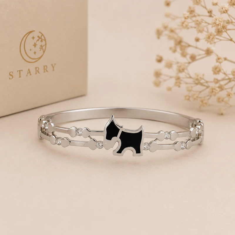 Pulsera De Acero Inoxidable Con Perro Y Circonitas Plateada