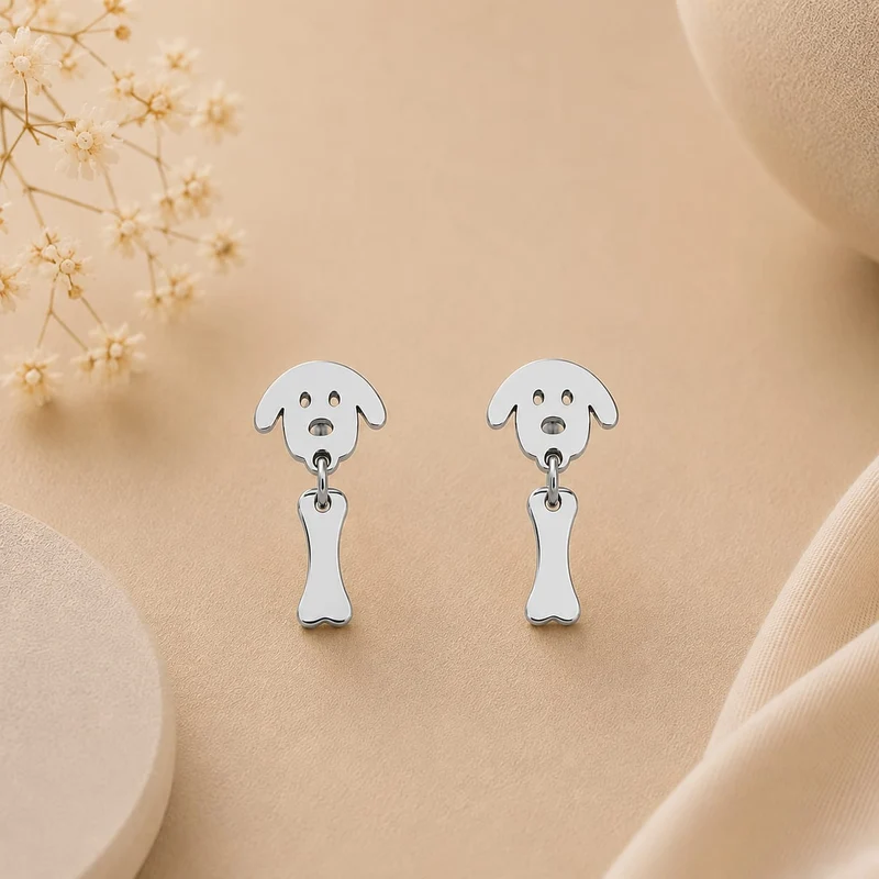 Pendientes Acero Inoxidable Perrito y Hueso Plateados