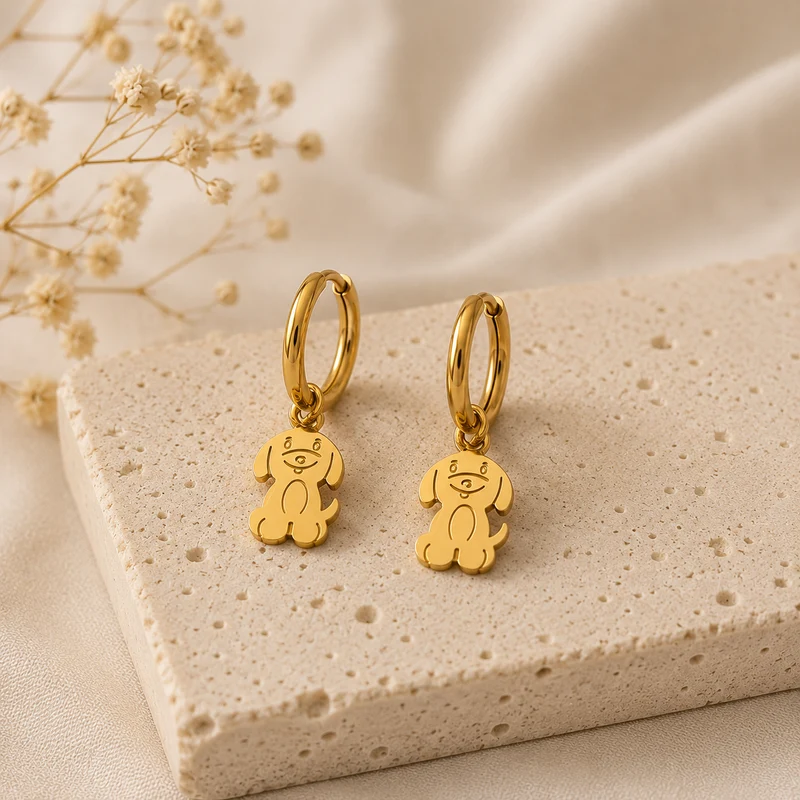 Pendientes Aro Acero Inoxidable Perro Dorados