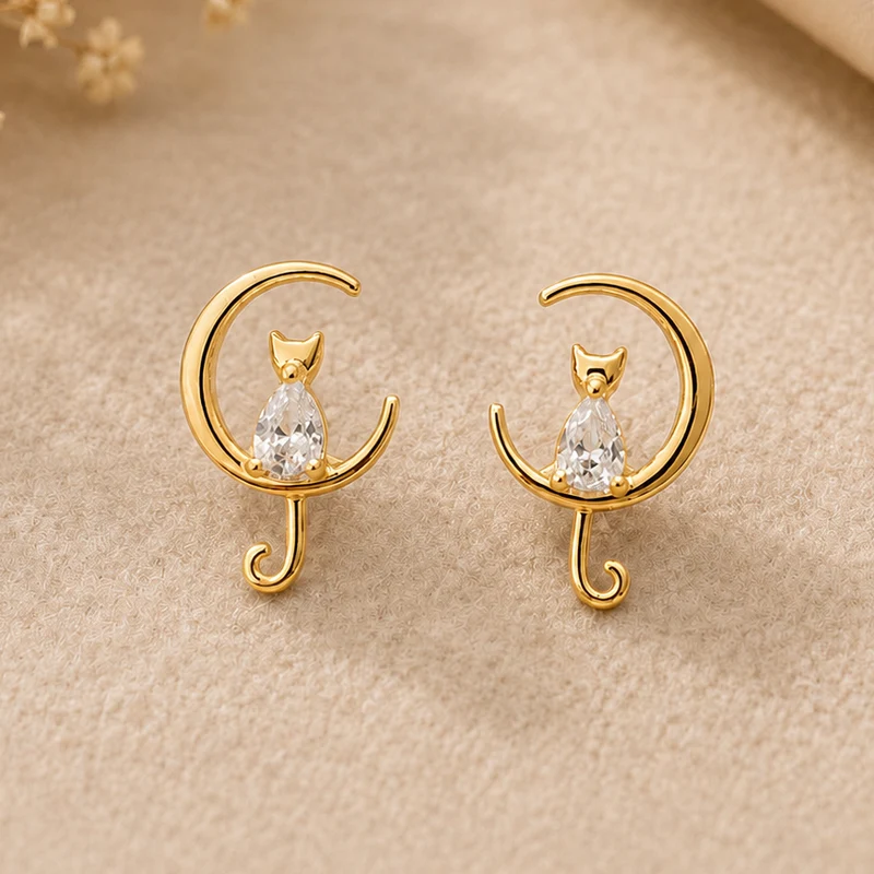 Pendientes Gatito Luna Dorados