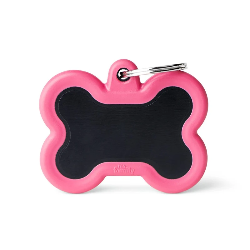 Placa ID Silenciosa de Aluminio Rosa en Forma de Hueso para Perros