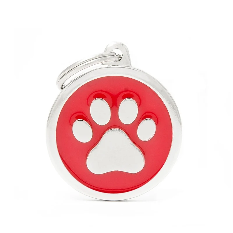 Placa ID Classic Grande Roja en Forma Redonda con Huella para Perros