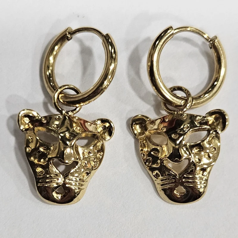 Pendientes de Acero Inoxidable Dorados con Colgante de Lince