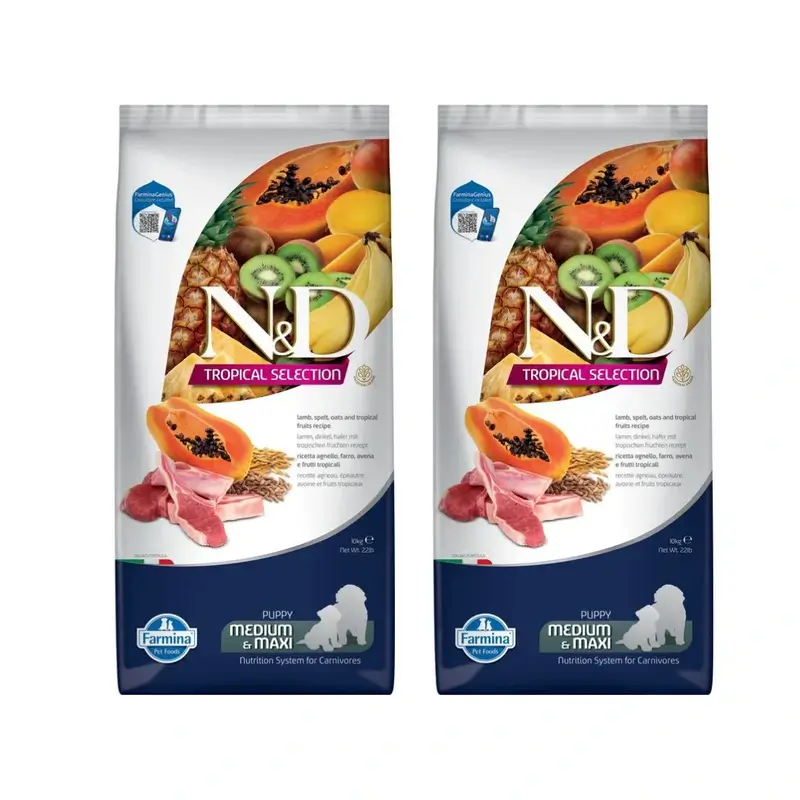 Farmina N&D Dog Puppy Tropical Selection Med Maxi Cordeiro 10K, embalagem de 2