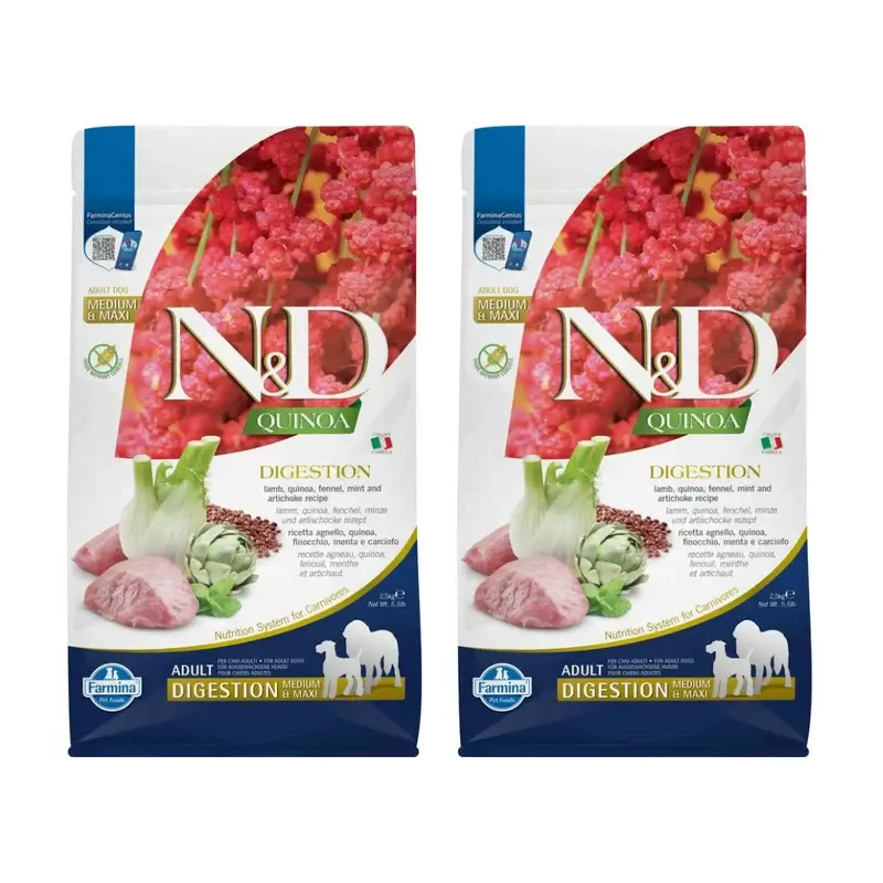 Farmina N&D Dog Quinoa Digestão Borrego Med Maxi 2,5Kg, Embalagem de 2