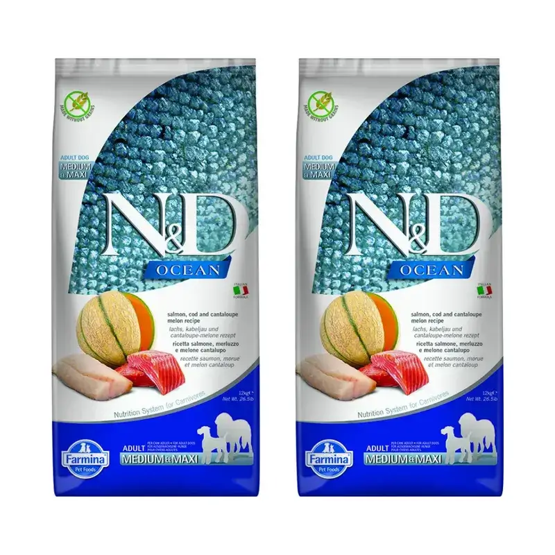 Farmina N&D Dog Ocean Salmão Bacalhau Medium Maxi 12Kg, Ração para Cães, Embalagem de 2