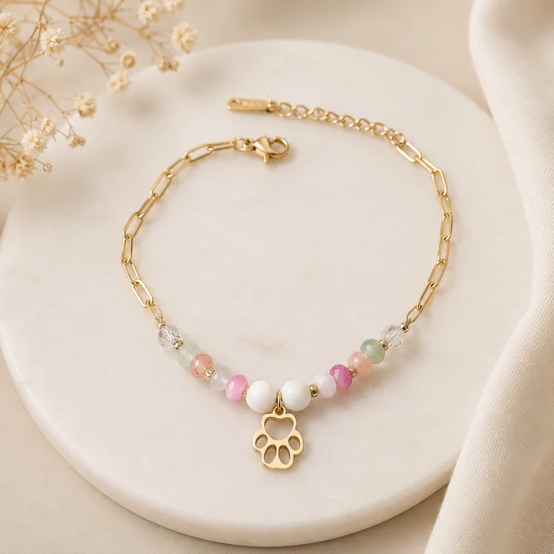 Pulsera Acero inoxidable Dorada con Huella y Cuentas de Cristal Ajustable