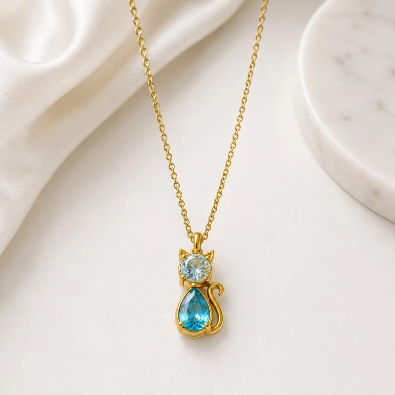 Collar Acero inoxidable Gato con Circonitas Dorado Azul