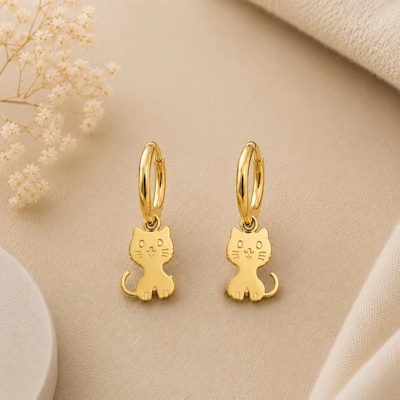 Pendientes de Acero Inoxidable Aro Gatito Dorado