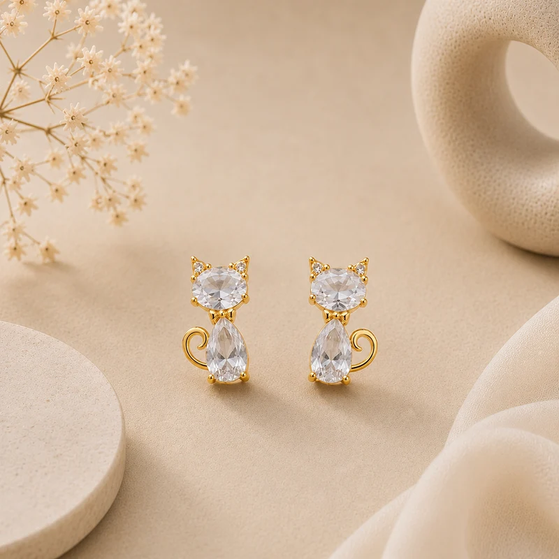Pendientes Gatito Brillante con Circonitas
