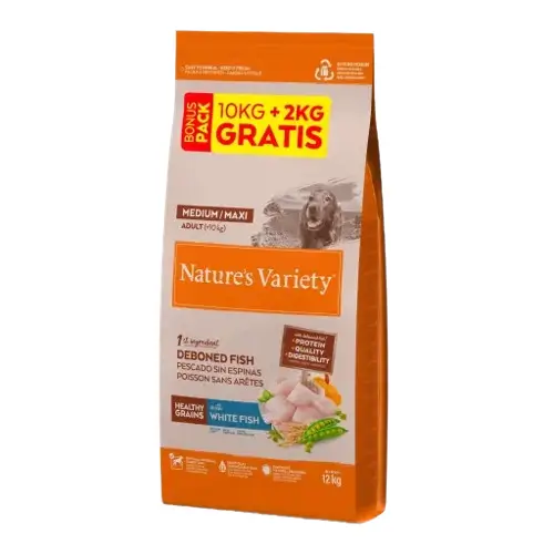 Nature'S Variety Healthy Grain Adult Medium Maxi White Fish Alimento para cães 10+2Kg
