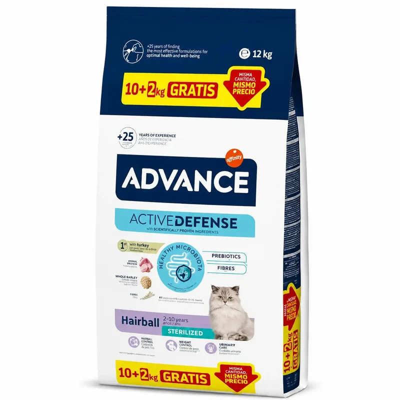 Alimento para gatos Advance Hairball esterilizado com peru, 10+2 kg