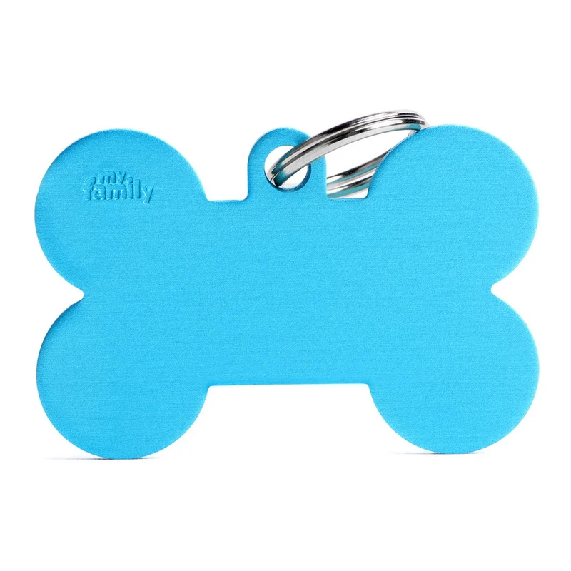 Placa ID de Aluminio Extra Grande Celeste en Forma de Hueso para Perros