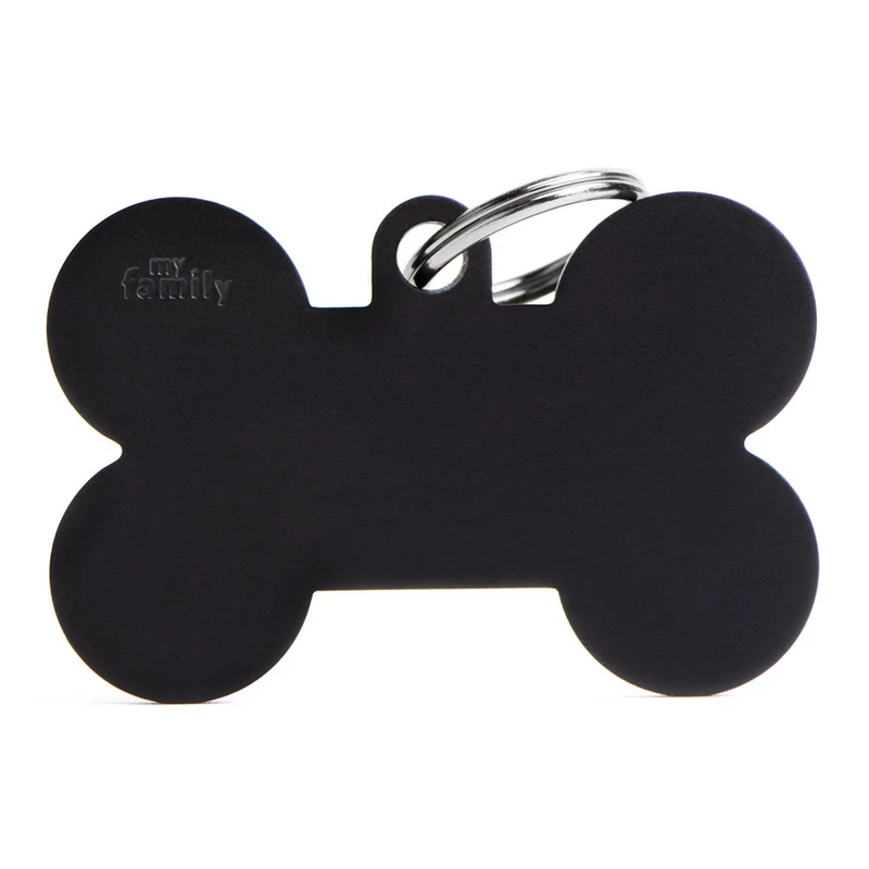 Placa ID de Aluminio Extra Grande Negra en Forma de Hueso para Perros