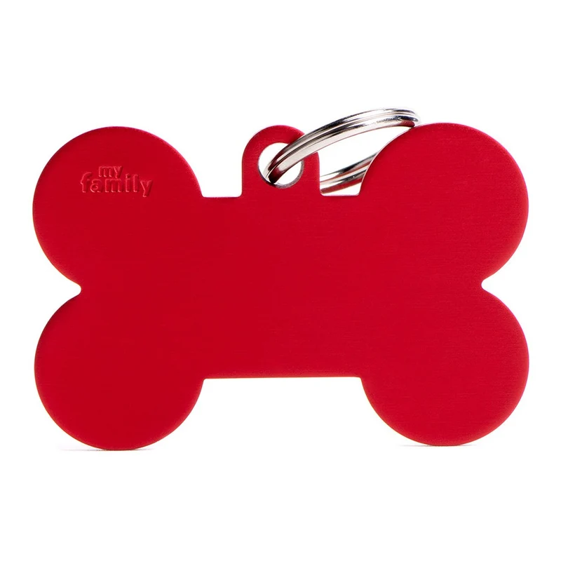 Placa ID de Aluminio Extra Grande Roja en Forma de Hueso para Perros