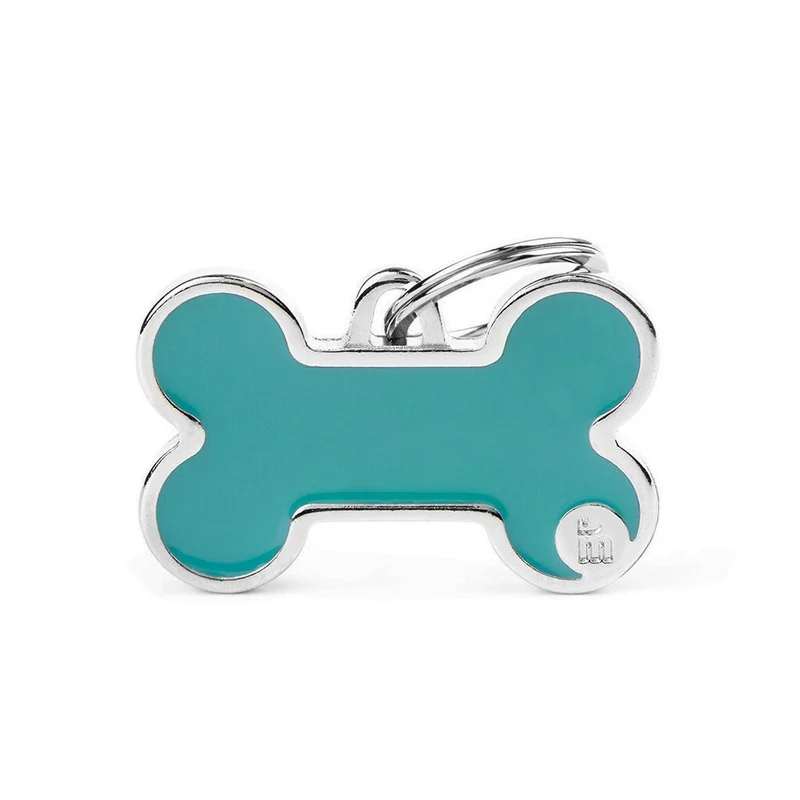 Placa ID Basic Handmade Grande Azul Celeste en Forma de Hueso para Perros