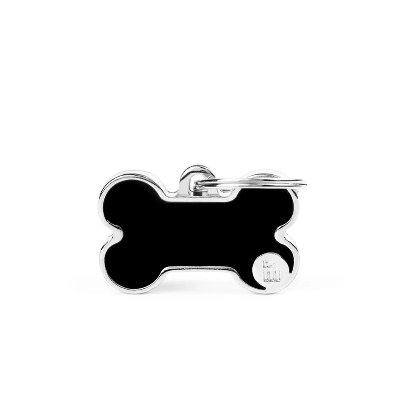 Placa ID Basic Handmade Chica Negra en Forma de Hueso para Perros