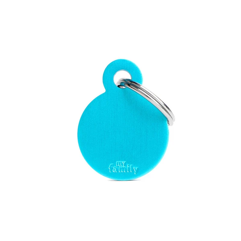 Placa ID de Aluminio Chica Azul Celeste en Forma Redonda para Perros
