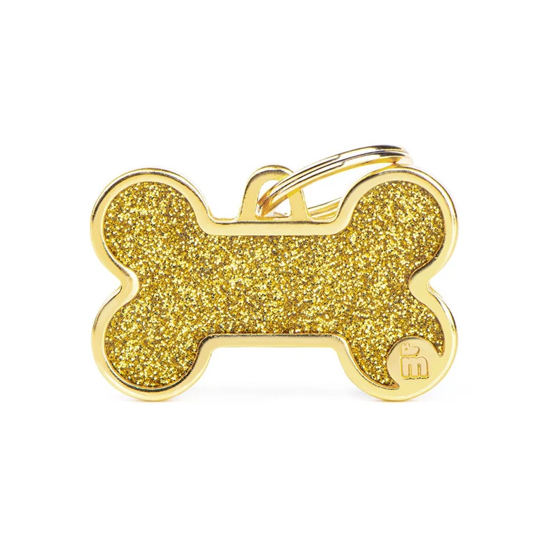 Placa ID Shine Grande Dorada en Forma de Hueso para Perros