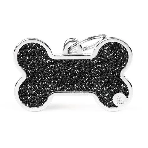 Placa ID Shine Extra Grande Negra en Forma de Hueso para Perros