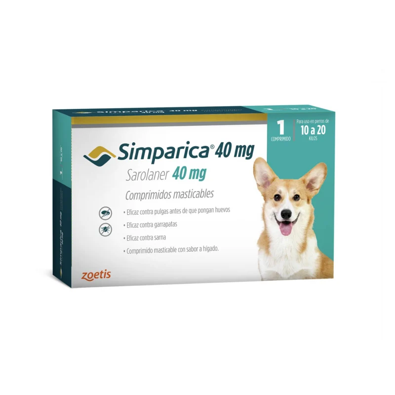 Antiparasitario Externo para perro Simparica 40 Mg Caja 1 Tableta (10 a 20 kg)