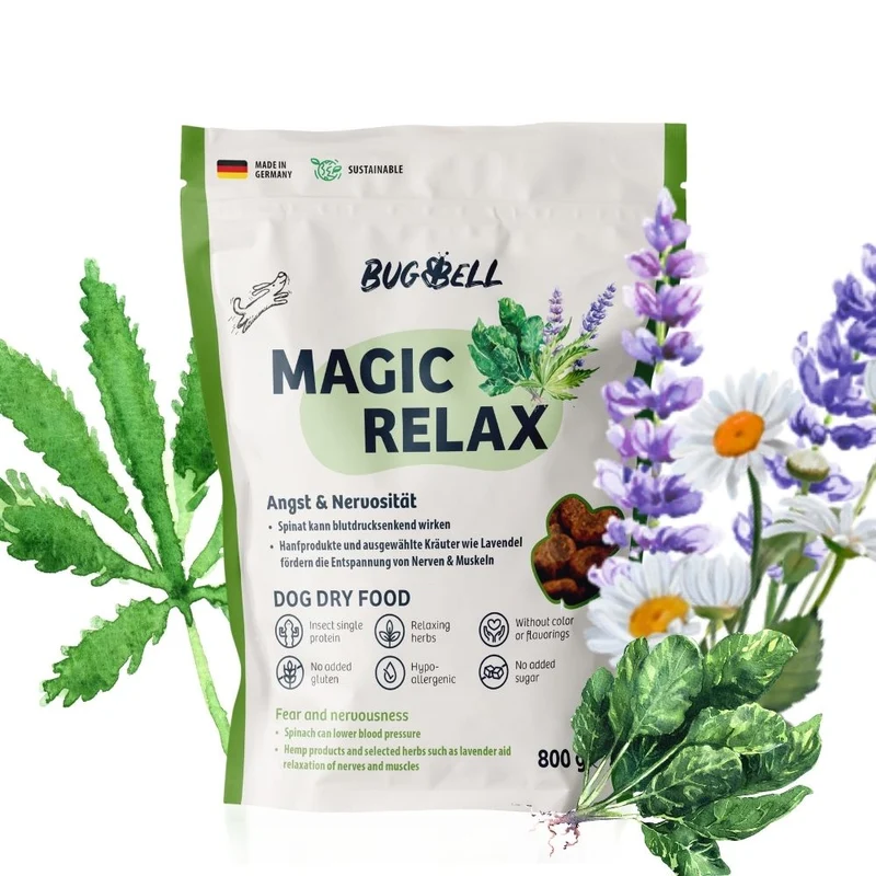 BugBell MagicRelax Pienso – Hipoalergénico, sin cereales, con proteína de insecto, cáñamo, hierbas y omega 3