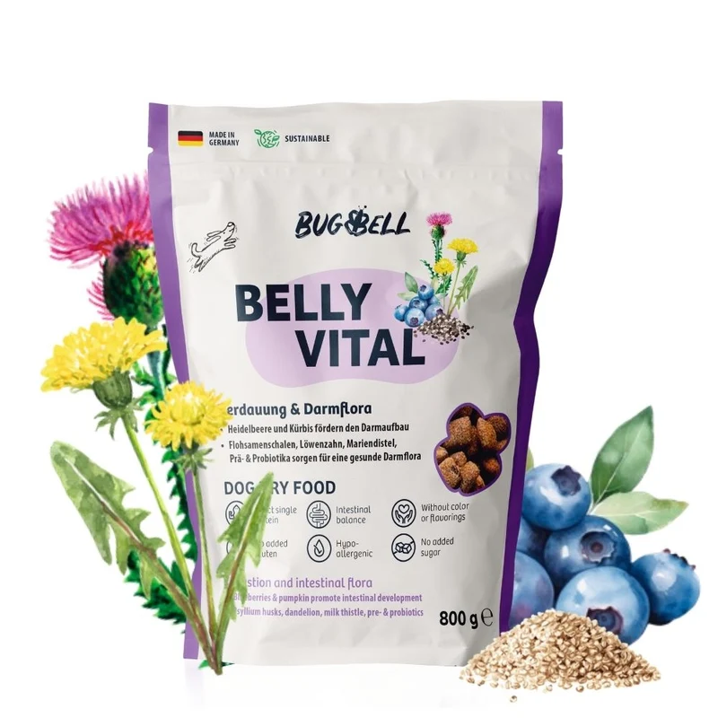 BugBell BellyVital Pienso – hipoalergénico, sin cereales, con proteína de insecto, psyllium y arándanos