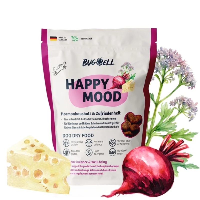 BugBell HappyMood Pienso – hipoalergénico, sin cereales, con proteína de insecto, remolacha, vitex y valeriana