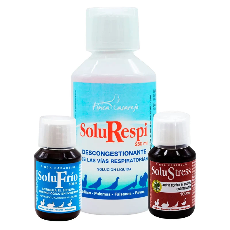 Pack 3 productos para resfriado en aves: Solurespi + Solufrío + Solustress - Alivio catarro gallinas (ref. Slpck4)