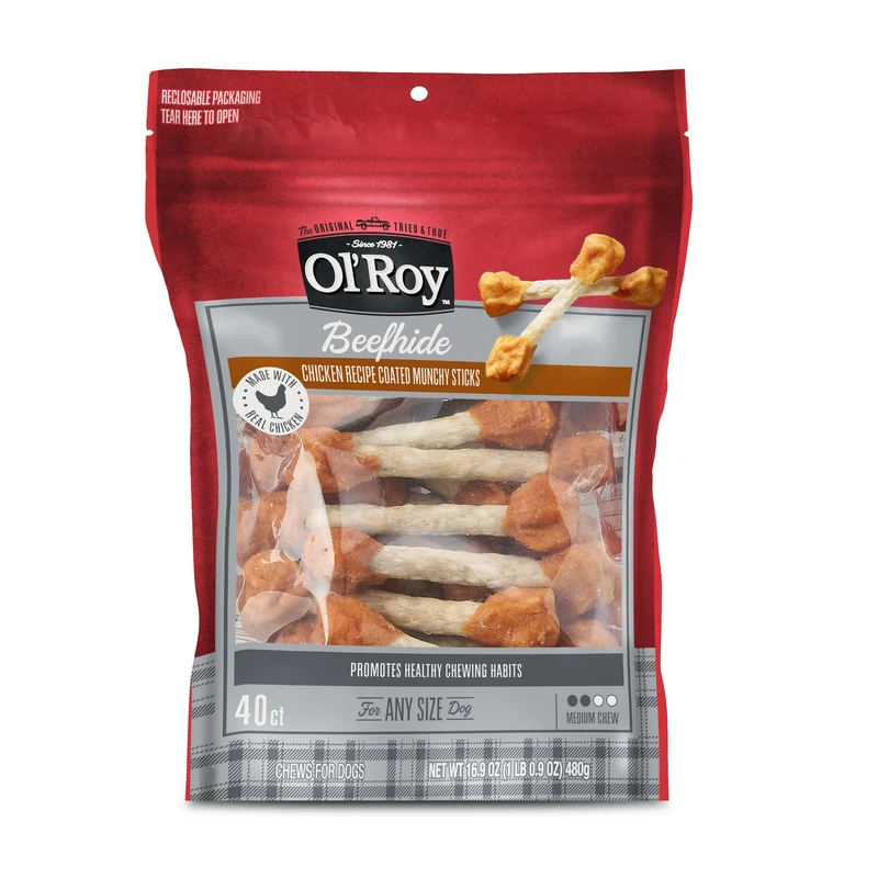 Ol' Roy Beefhide Coated Munchy Sticks, Chicken Recipe, 16.9 oz, 40 Count