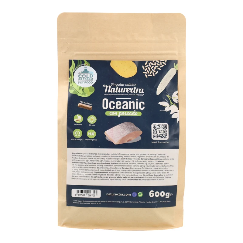 Pienso prensado en frío en Pellets Oceanic para perros con pescado blanco 600 g NaturExtra