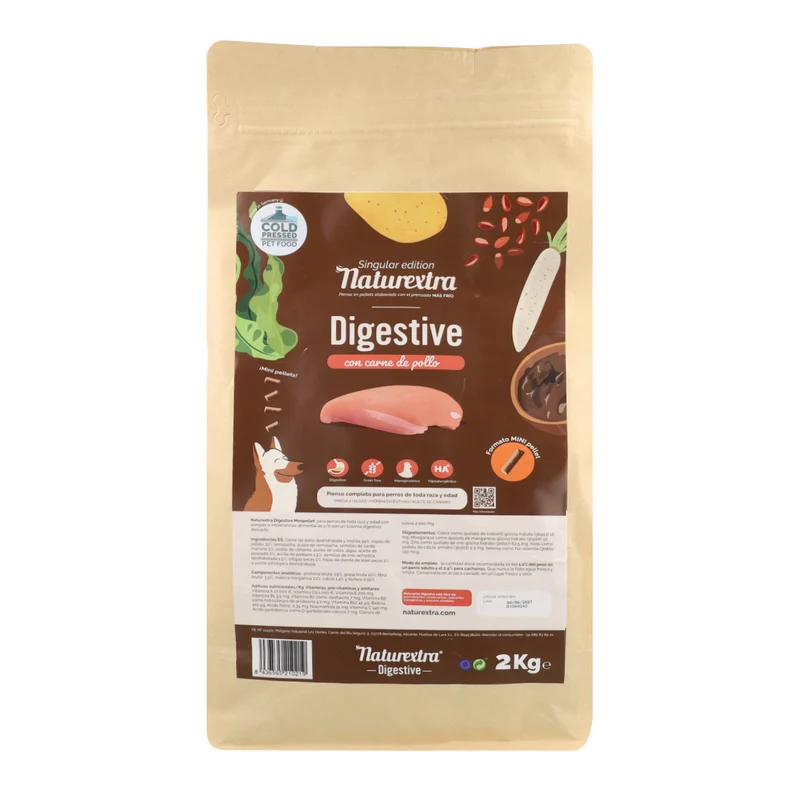 Pienso prensado en frío en Pellets Mini Digestive para perros con pollo 2 kg NaturExtra