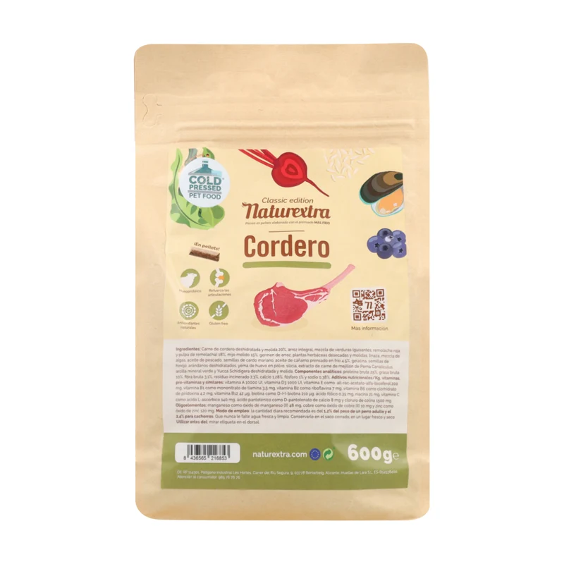 Pienso prensado en frío en Pellets para perros con cordero 600 g NaturExtra