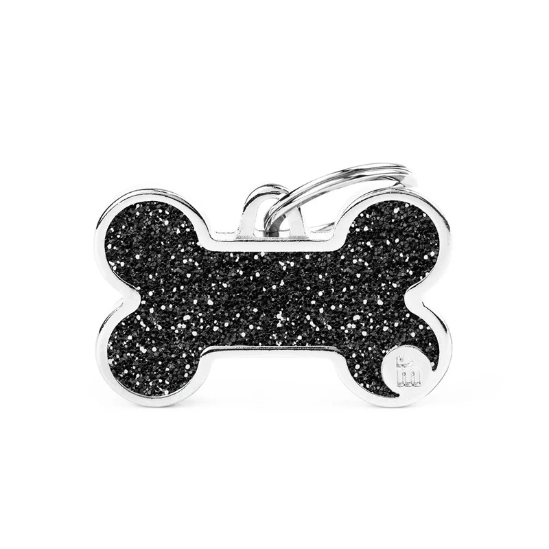Placa ID Shine Grande Negra en Forma de Hueso para Perros