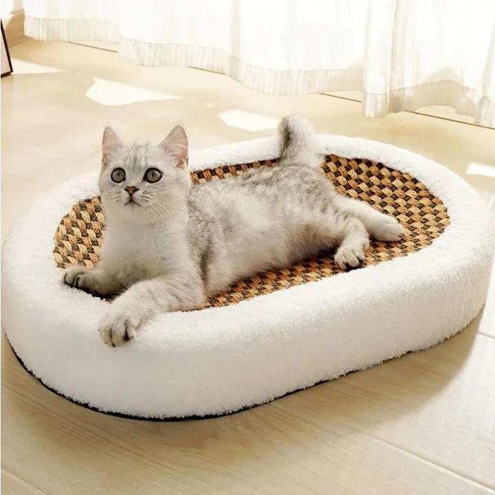 Cat Scratcher Bed with Plush Bolster and Woven Scratch Pad Oval Low-Profile Design