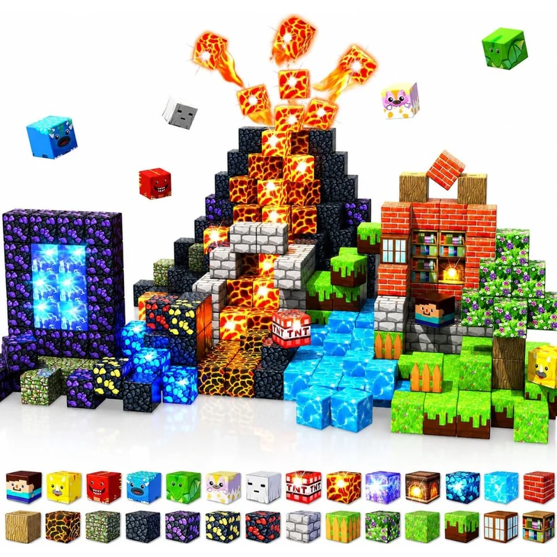 Magnetic Building Blocks with Light Up Cubes and Pixelated Textures