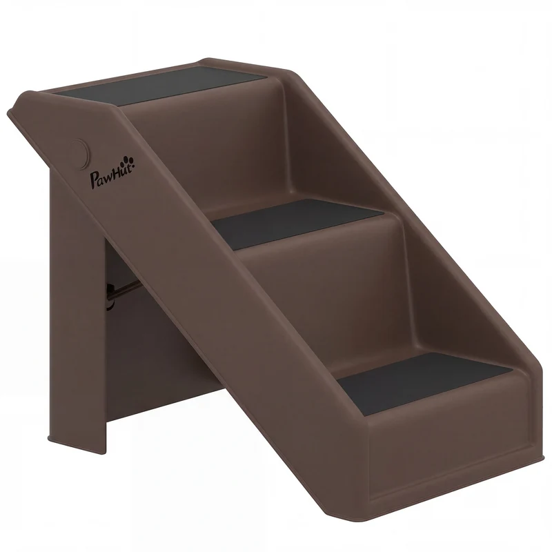 Pawhut Escalera Para Mascotas Plegable De 3 Peldaños 53x30,5x36,5 Cm Marrón