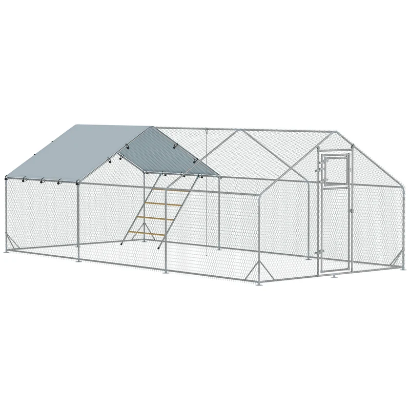 Pawhut Gallinero Para Exterior 3x6x2 M Con Comedero Colgante Tipo Brocheta Plata
