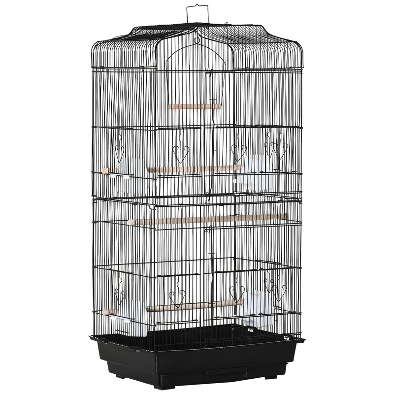 Pawhut Jaula Para Pájaros Con Puertas Comederos Y Bandeja 47,5x36x91 Cm Negro