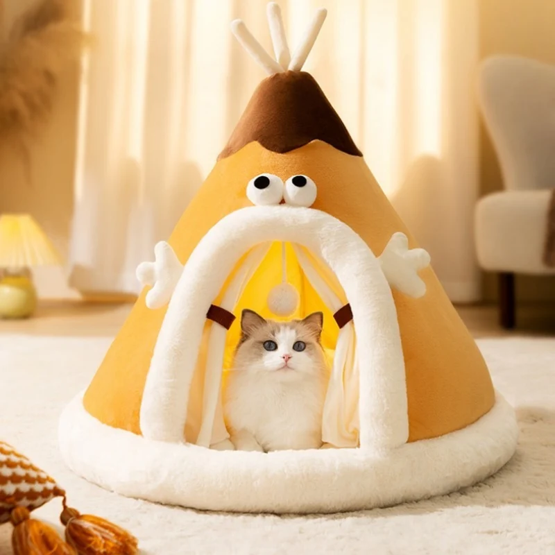 Cat Bed, Tent-Style Plush Cat House with Hanging Ball and Soft Cushion, Tall Scratching Post