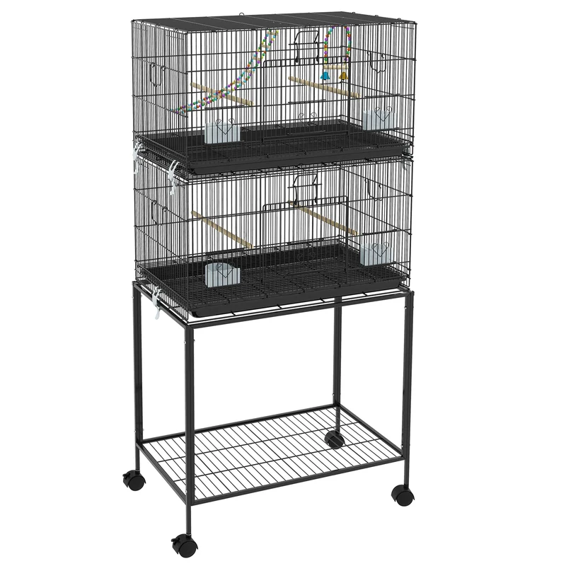 Pawhut Jaula Para Pájaros Doble Apilable 77x46x164 Cm Con Ruedas Negro